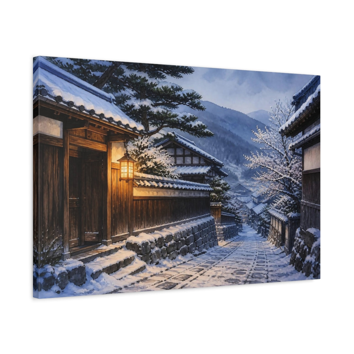 Side Mockup 2. Japanese Snowy Village Lane shown as canvas print