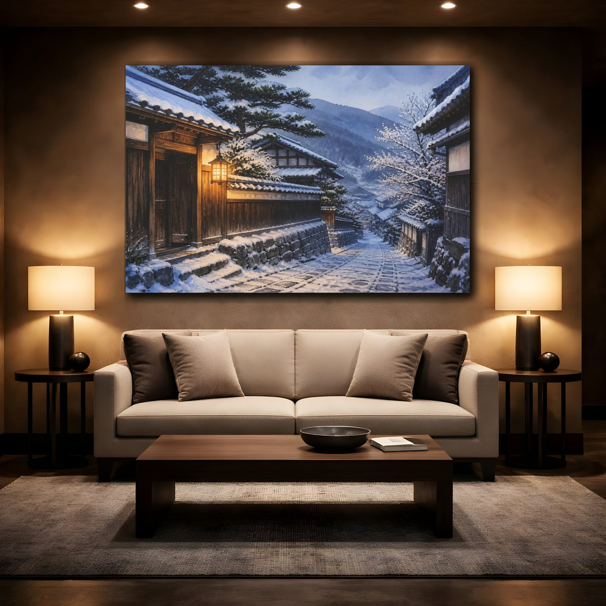Mockup 2. Japanese Snowy Village Lane shown as canvas print