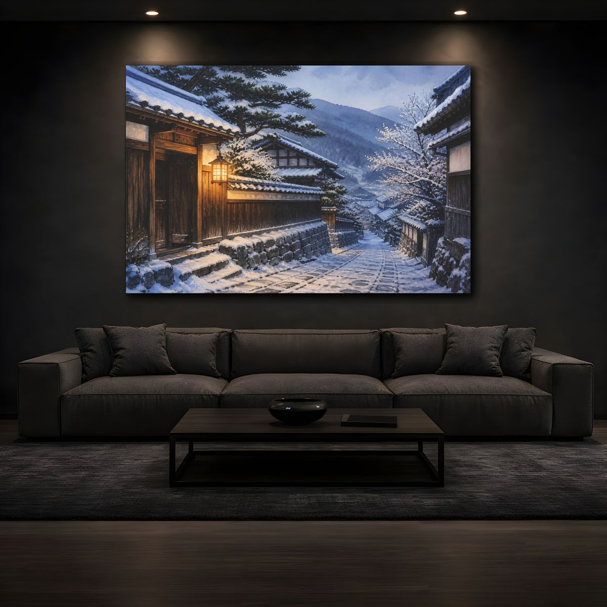 Mockup 3. Japanese Snowy Village Lane shown as canvas print