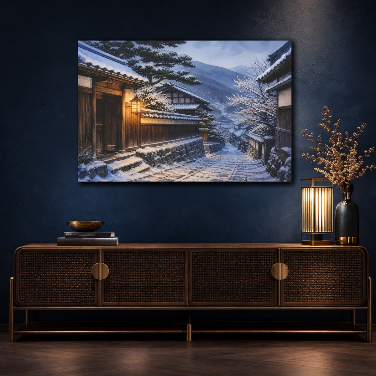 Mockup 4. Japanese Snowy Village Lane shown as canvas print