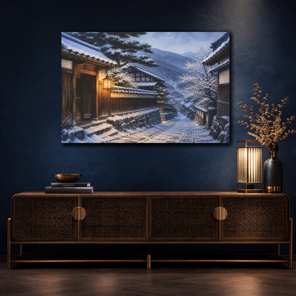 Mockup 4. Japanese Snowy Village Lane shown as canvas print