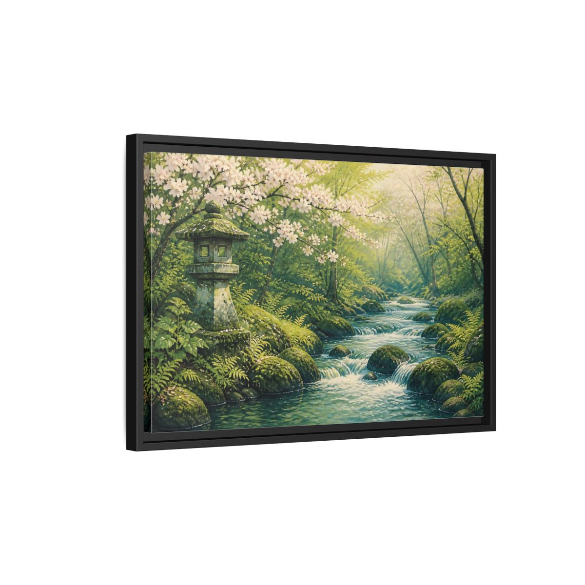 Side Mockup 3. Japanese Spring Stream shown as framed canvas print