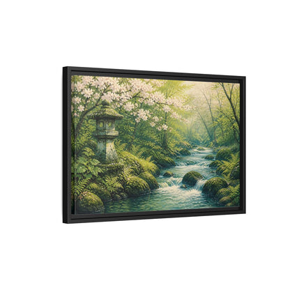 Side Mockup 3. Japanese Spring Stream shown as framed canvas print