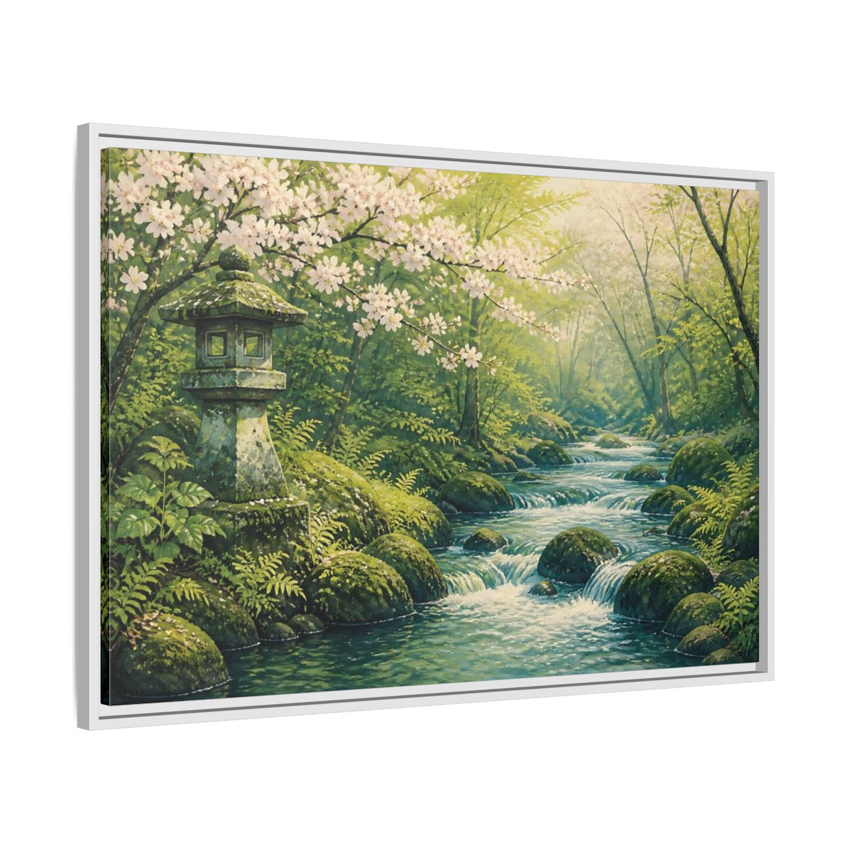 Side Mockup 9. Japanese Spring Stream shown as framed canvas print