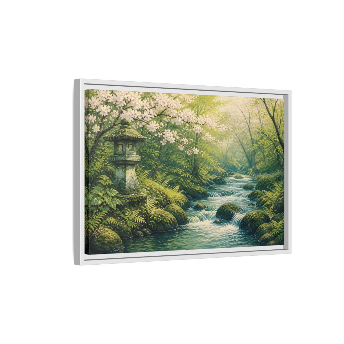 Side Mockup 1. Japanese Spring Stream shown as framed canvas print