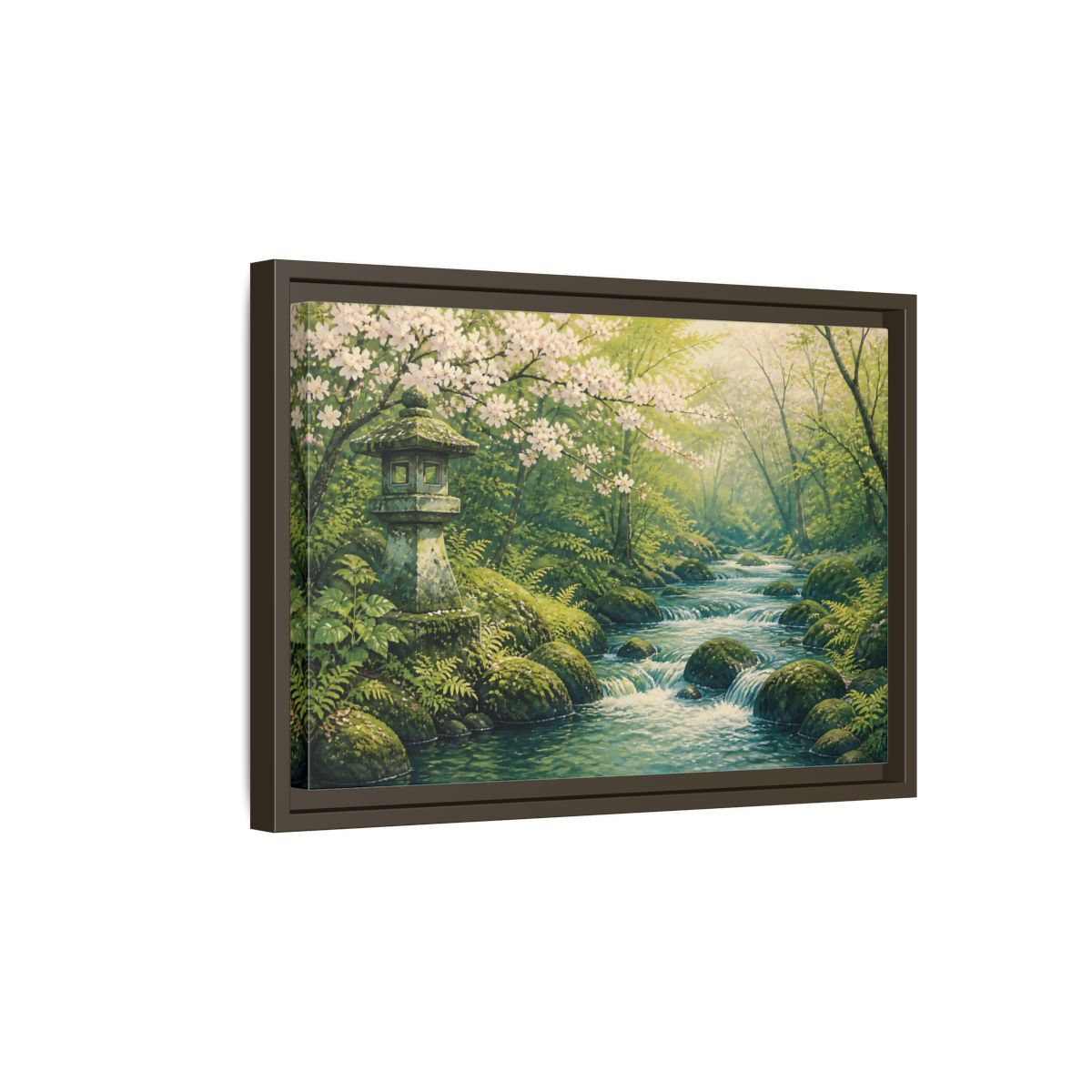 Side Mockup 5. Japanese Spring Stream shown as framed canvas print
