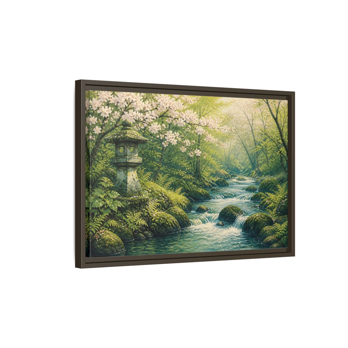 Side Mockup 2. Japanese Spring Stream shown as framed canvas print