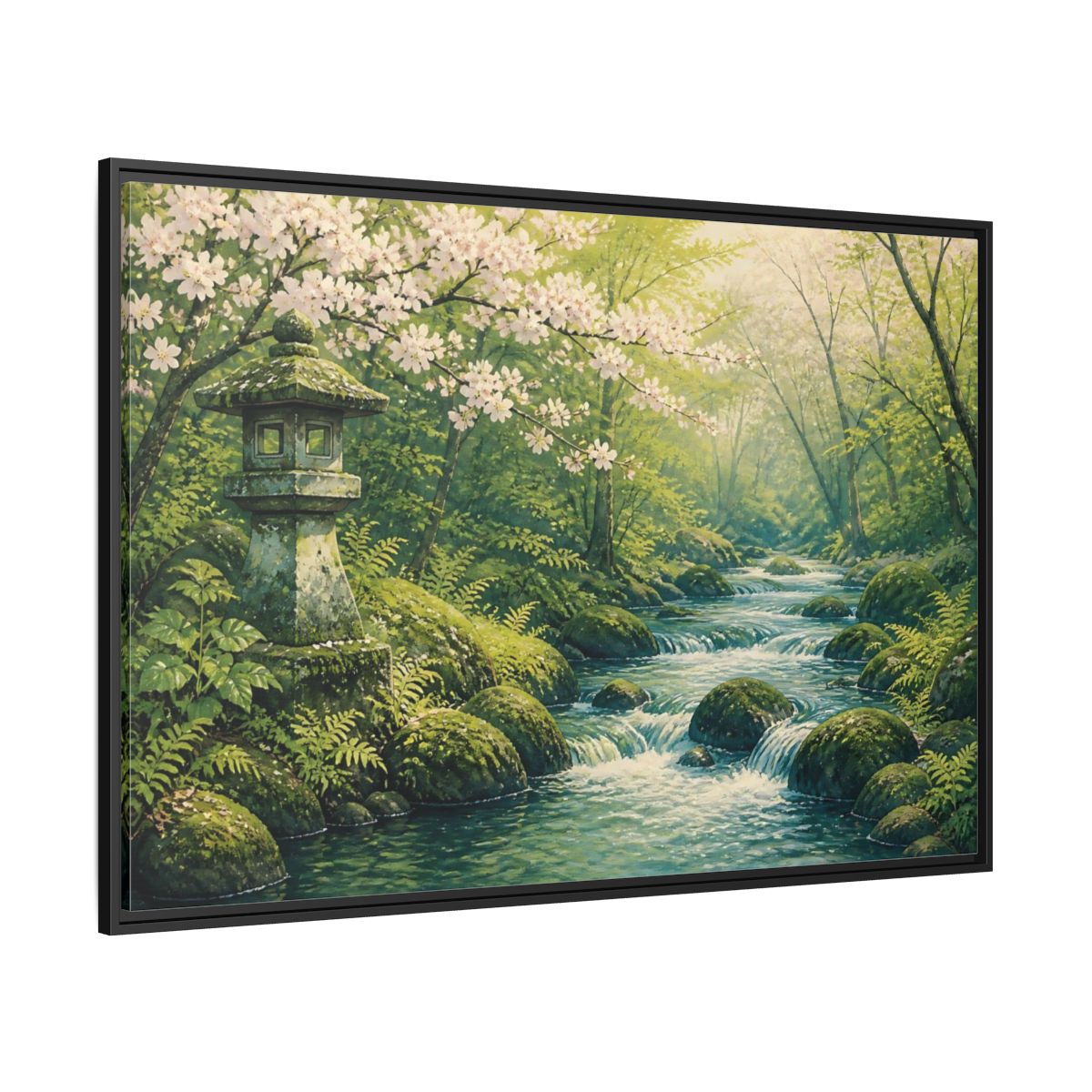 Side Mockup 12. Japanese Spring Stream shown as framed canvas print