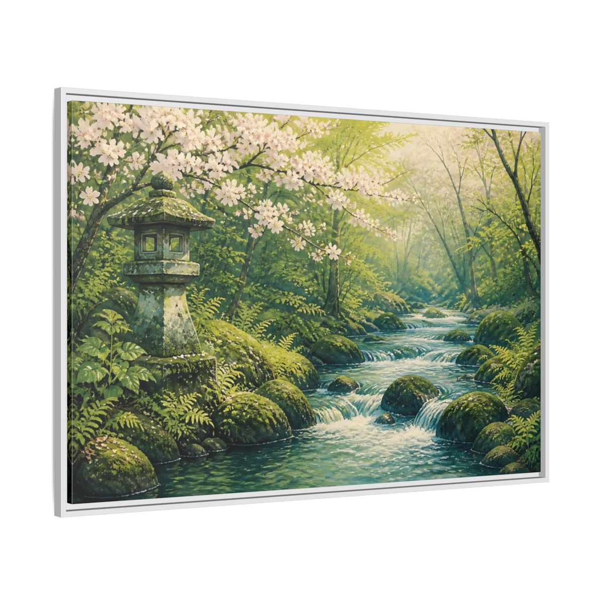 Side Mockup 7. Japanese Spring Stream shown as framed canvas print