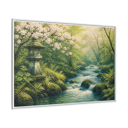 Side Mockup 7. Japanese Spring Stream shown as framed canvas print