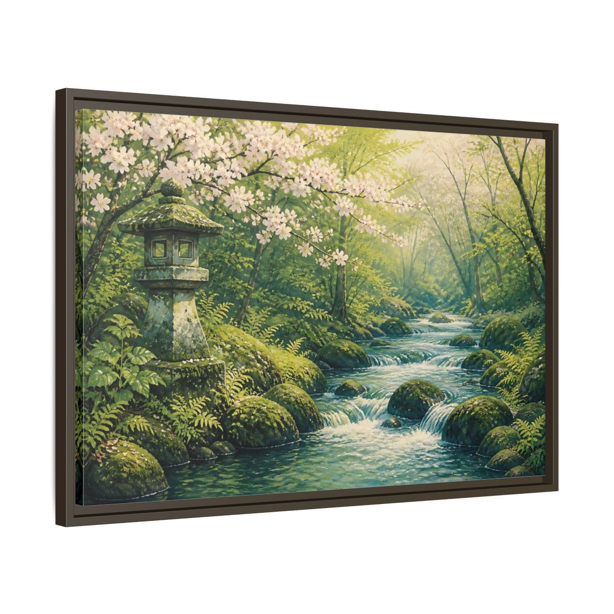 Side Mockup 11. Japanese Spring Stream shown as framed canvas print