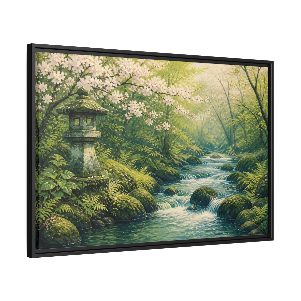 Side Mockup 13. Japanese Spring Stream shown as framed canvas print