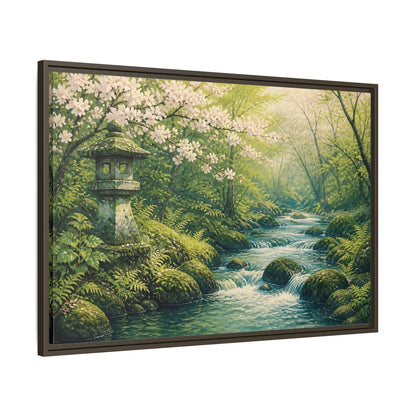 Main Mockup. Japanese Spring Stream shown as framed canvas print