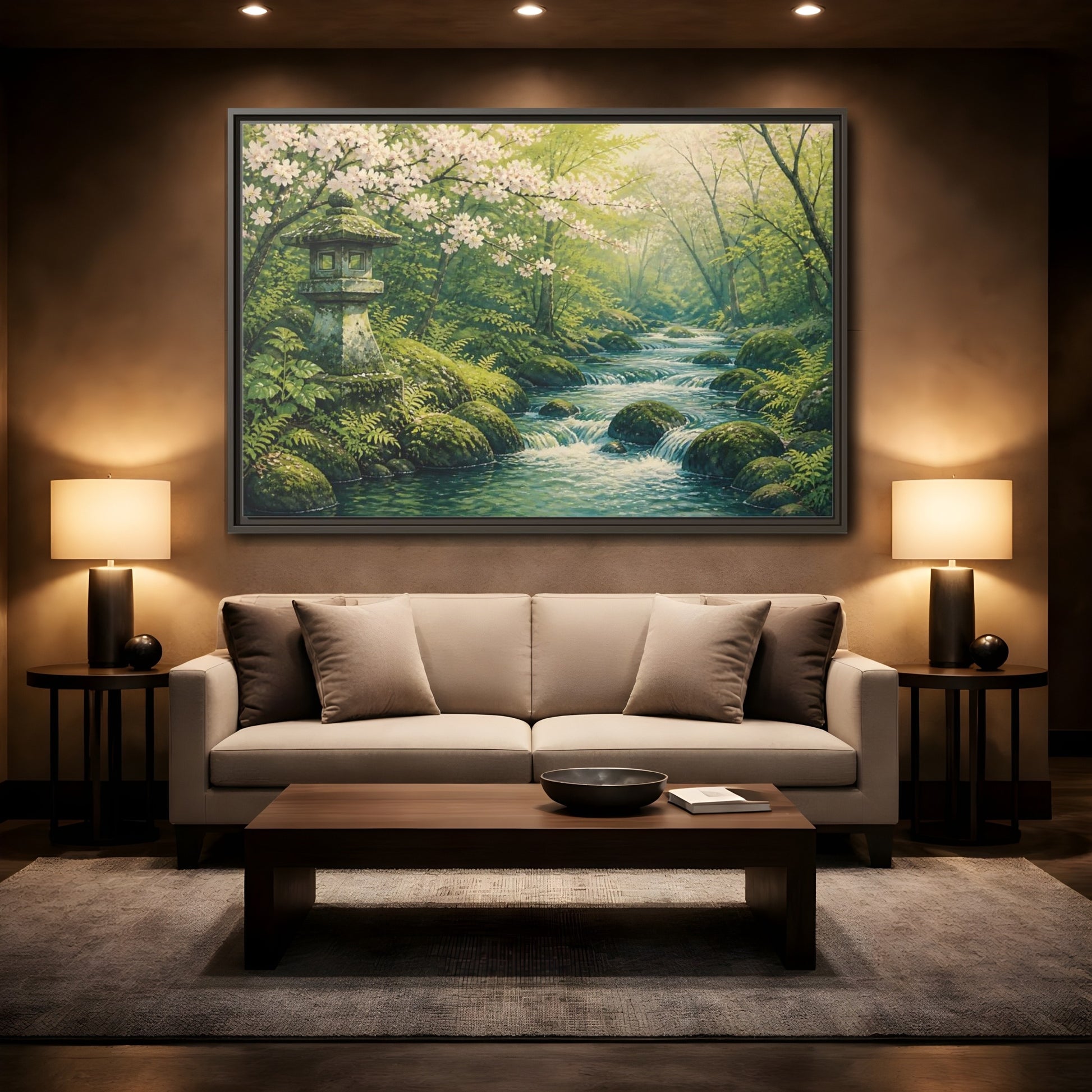 Mockup 2. Japanese Spring Stream shown as framed canvas print