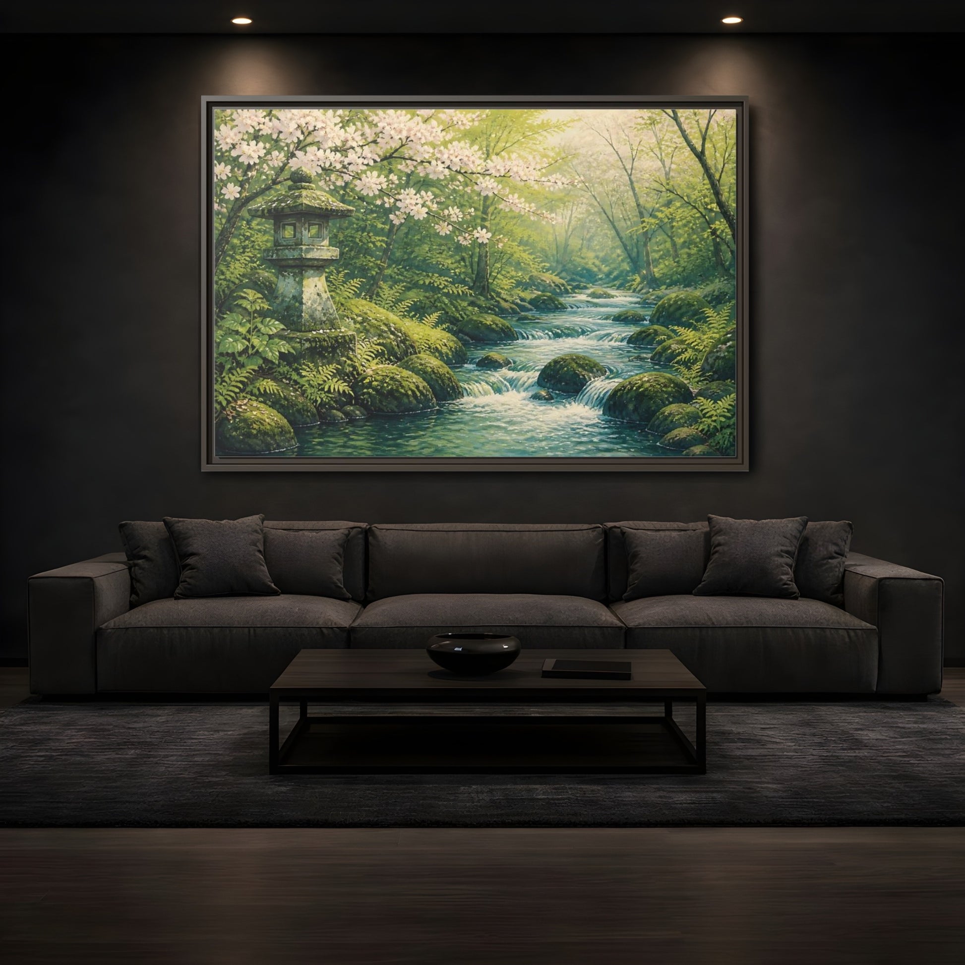 Mockup 3. Japanese Spring Stream shown as framed canvas print