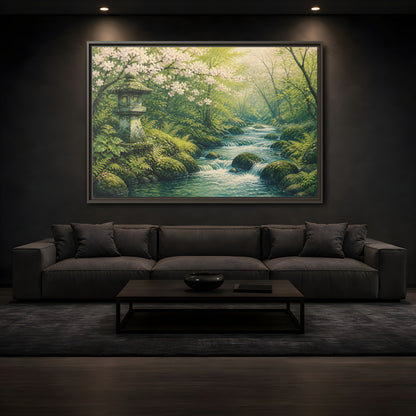 Mockup 3. Japanese Spring Stream shown as framed canvas print