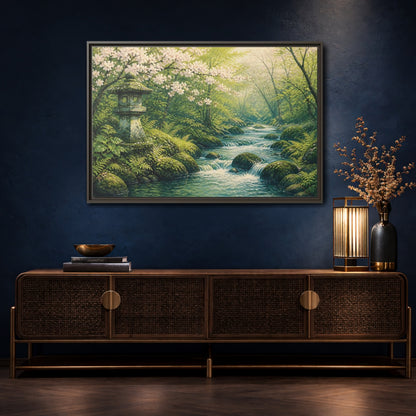 Mockup 4. Japanese Spring Stream shown as framed canvas print