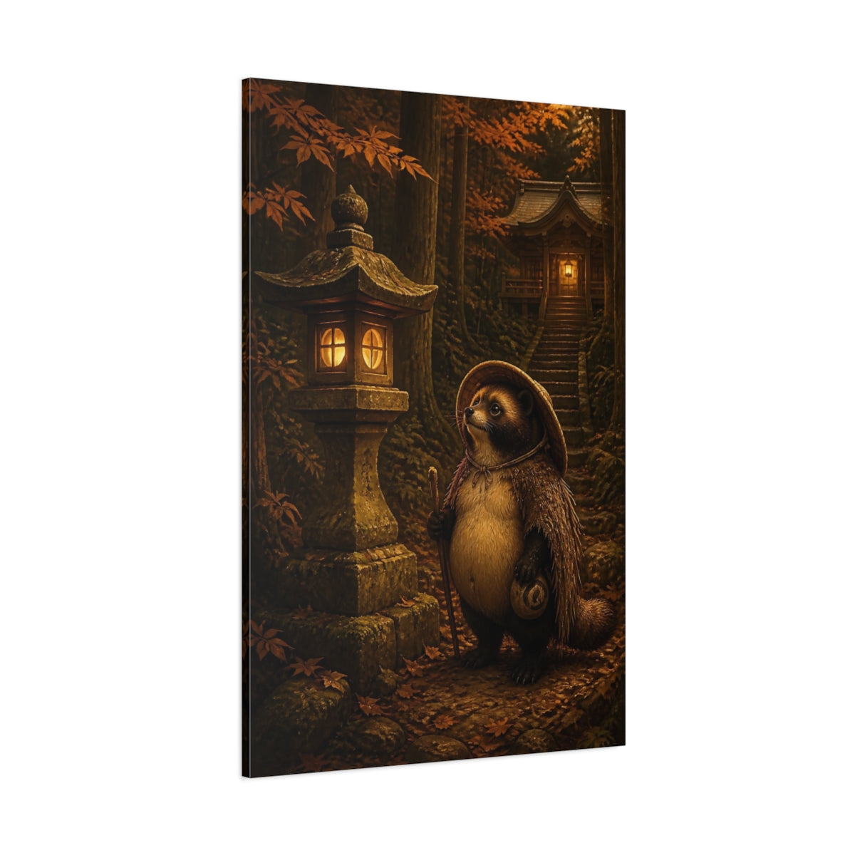 Side Mockup 1. Japanese Tanuki At Shrine shown as canvas print