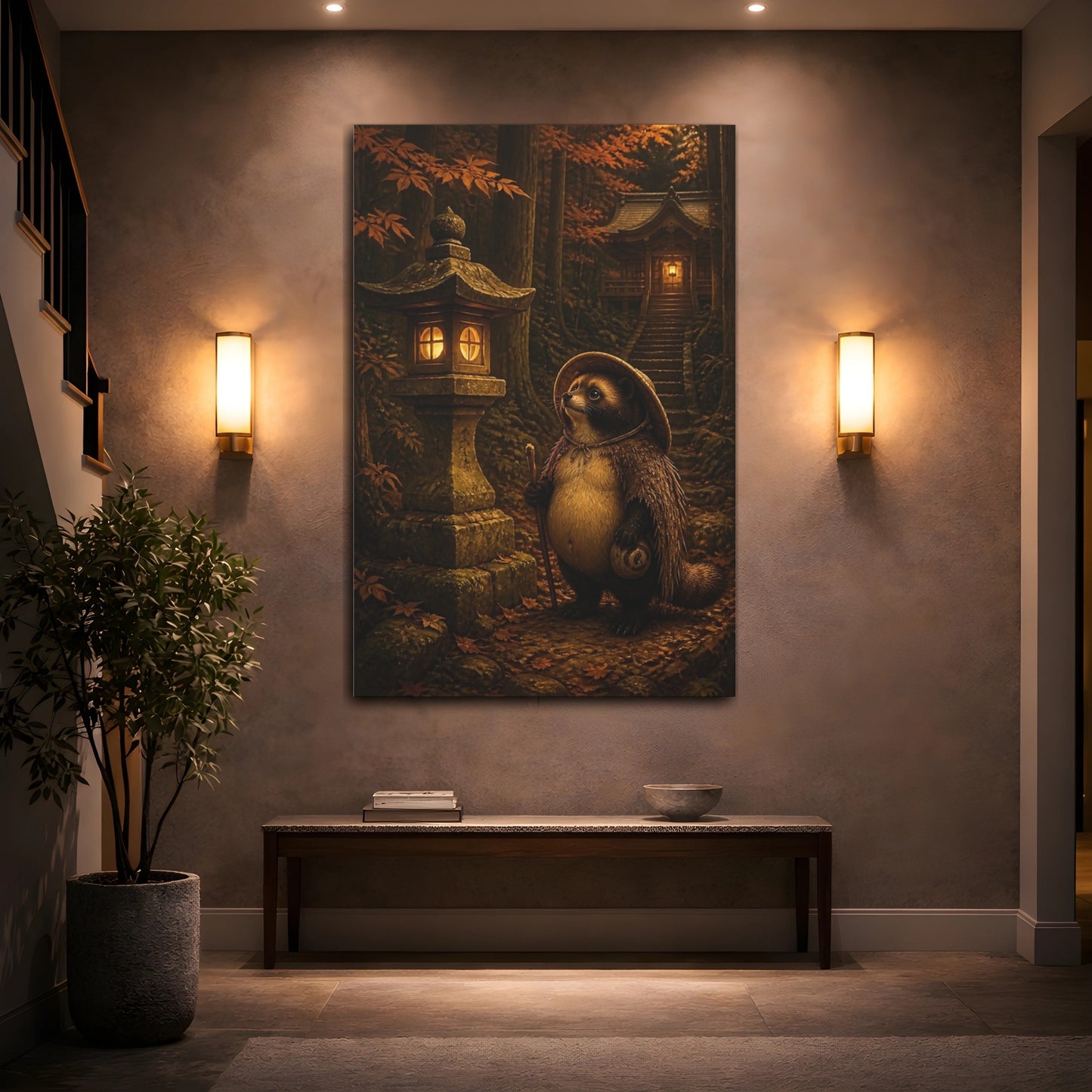 Mockup 2. Japanese Tanuki At Shrine shown as canvas print