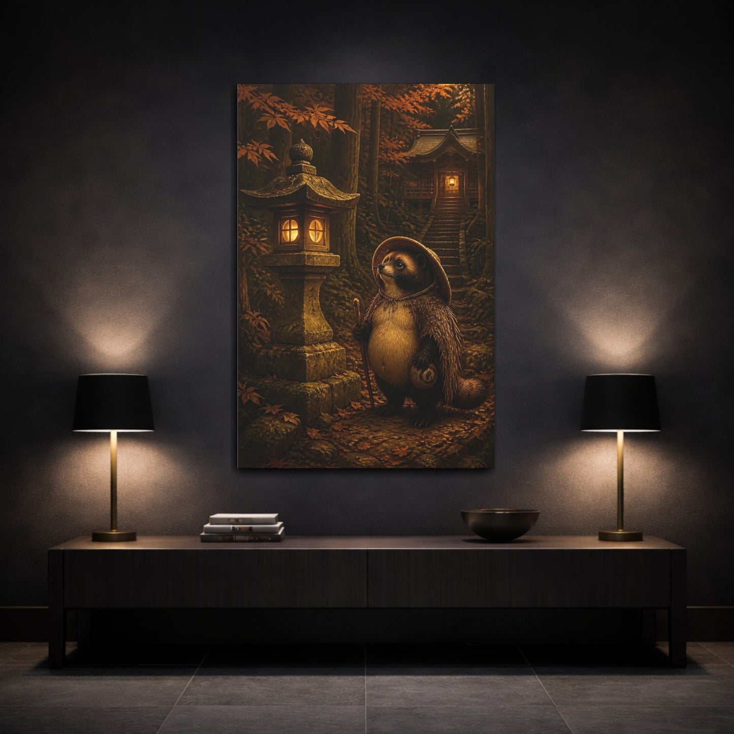 Mockup 3. Japanese Tanuki At Shrine shown as canvas print