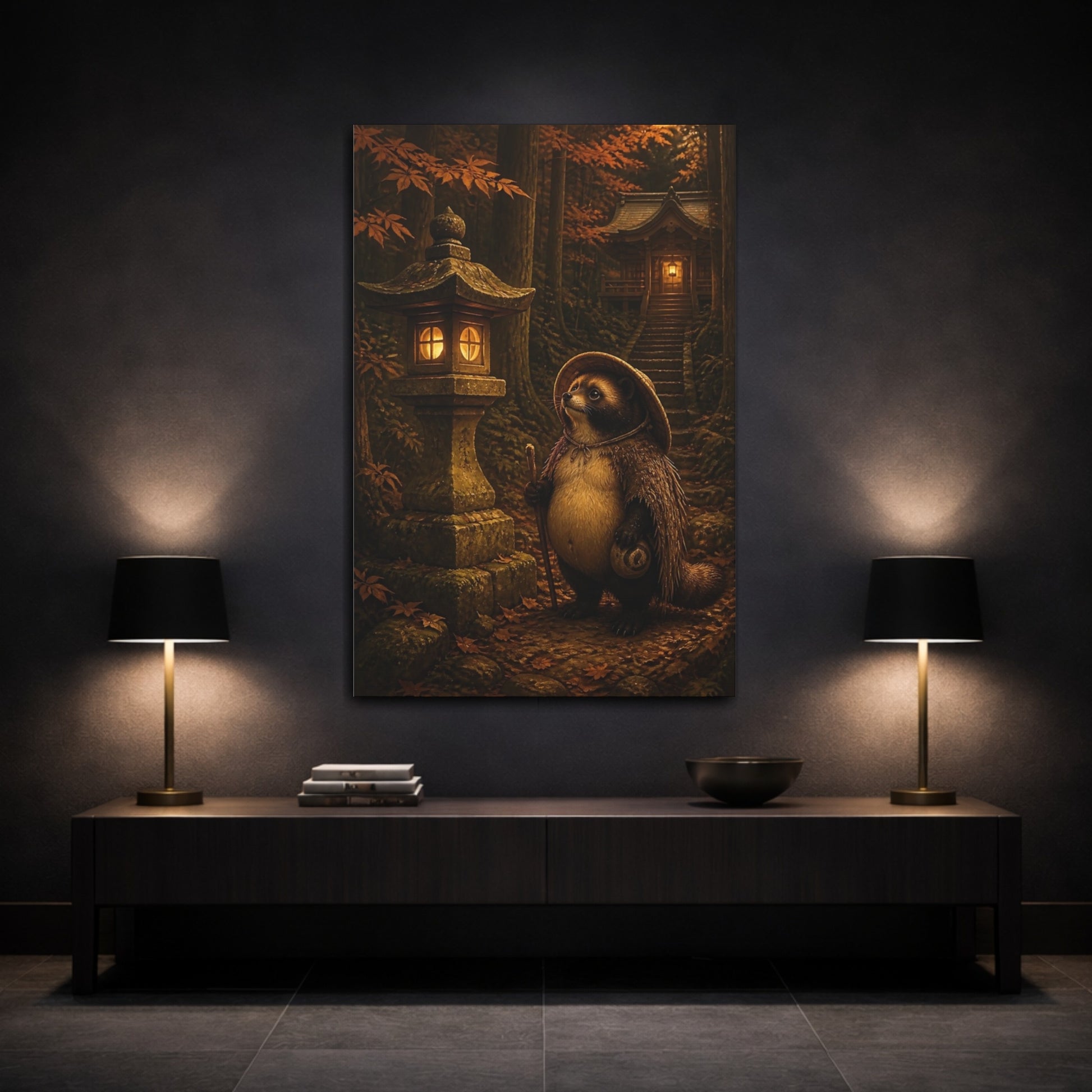 Mockup 3. Japanese Tanuki At Shrine shown as canvas print