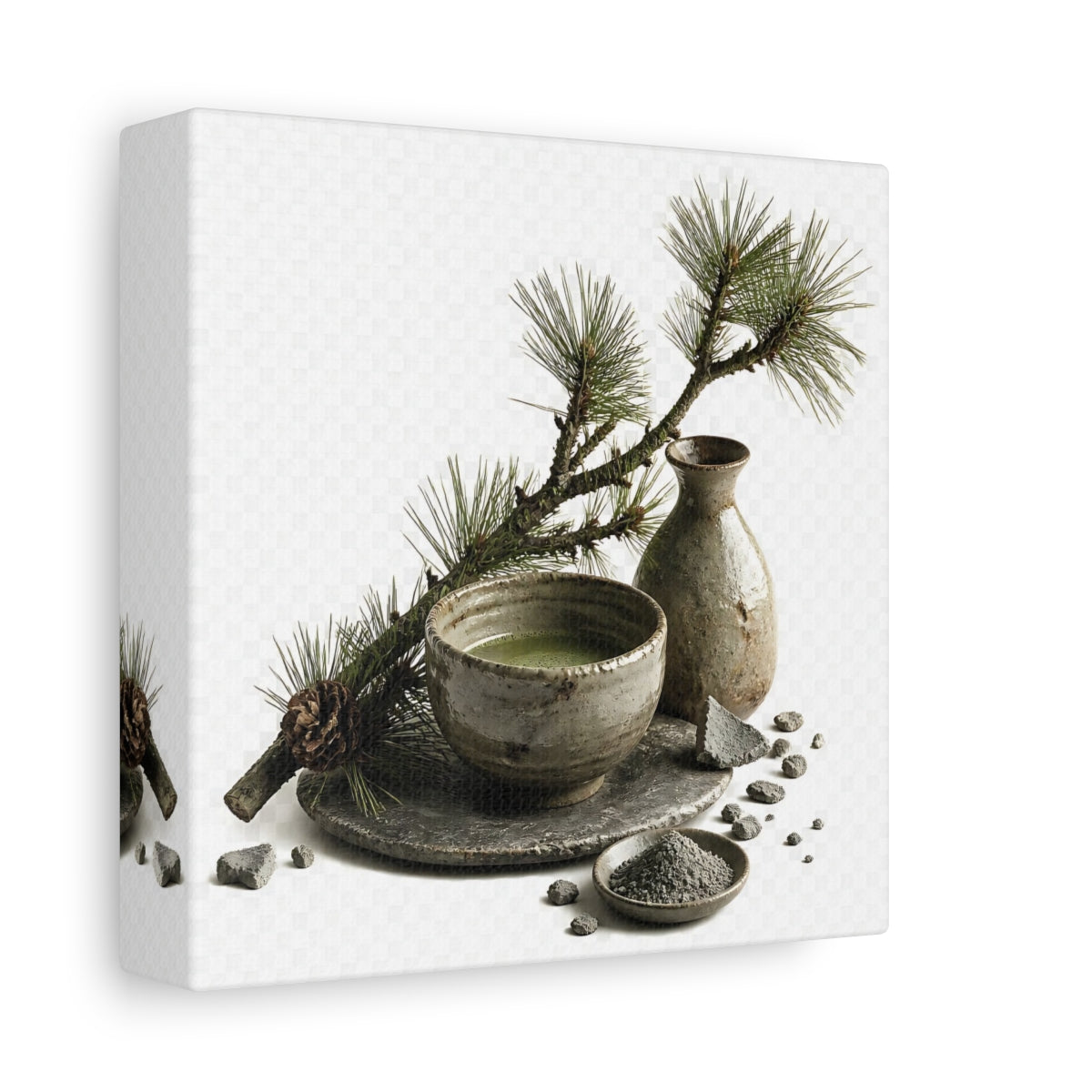 Side Mockup 2. Japanese Tea Bowl With Pine shown as canvas print