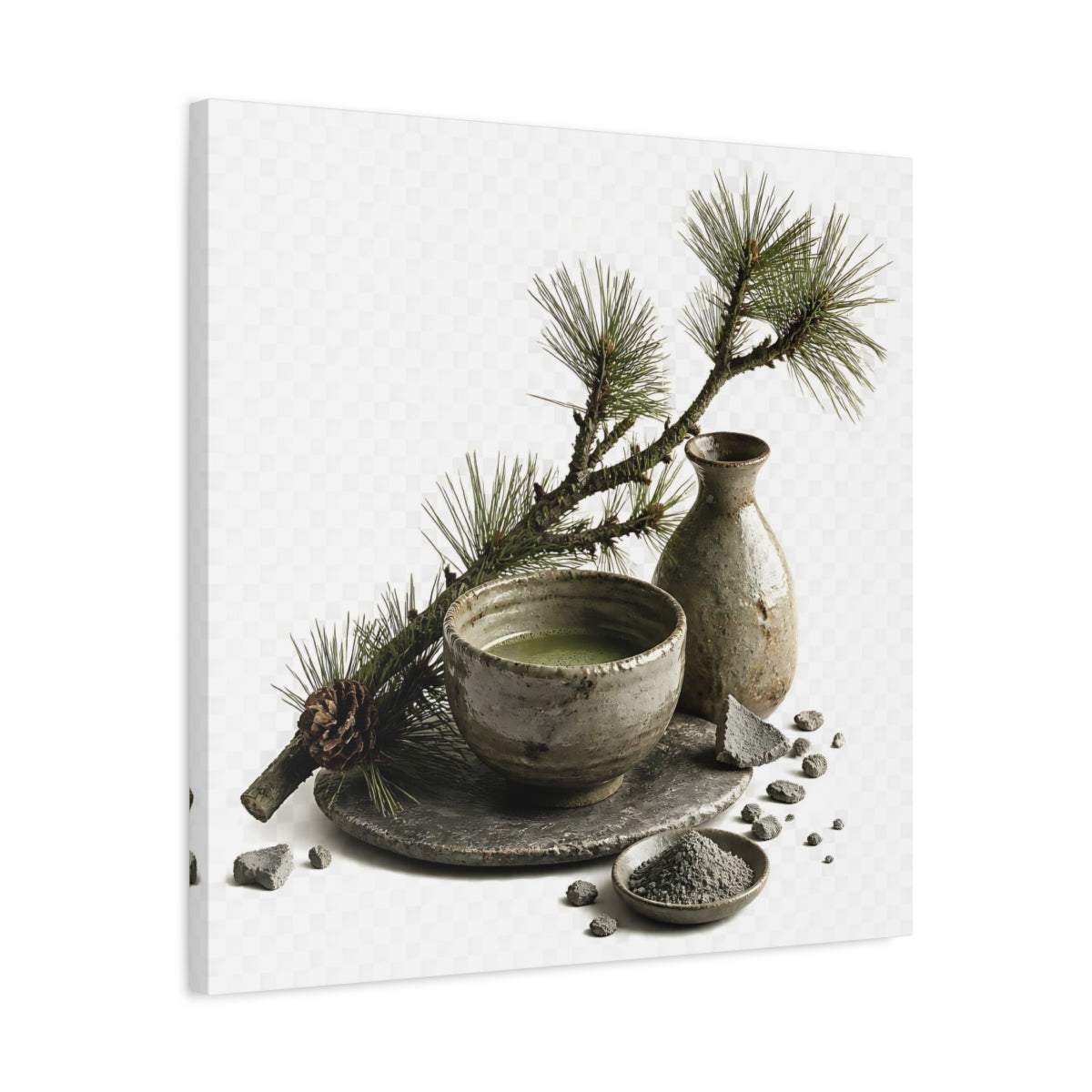 Side Mockup 4. Japanese Tea Bowl With Pine shown as canvas print