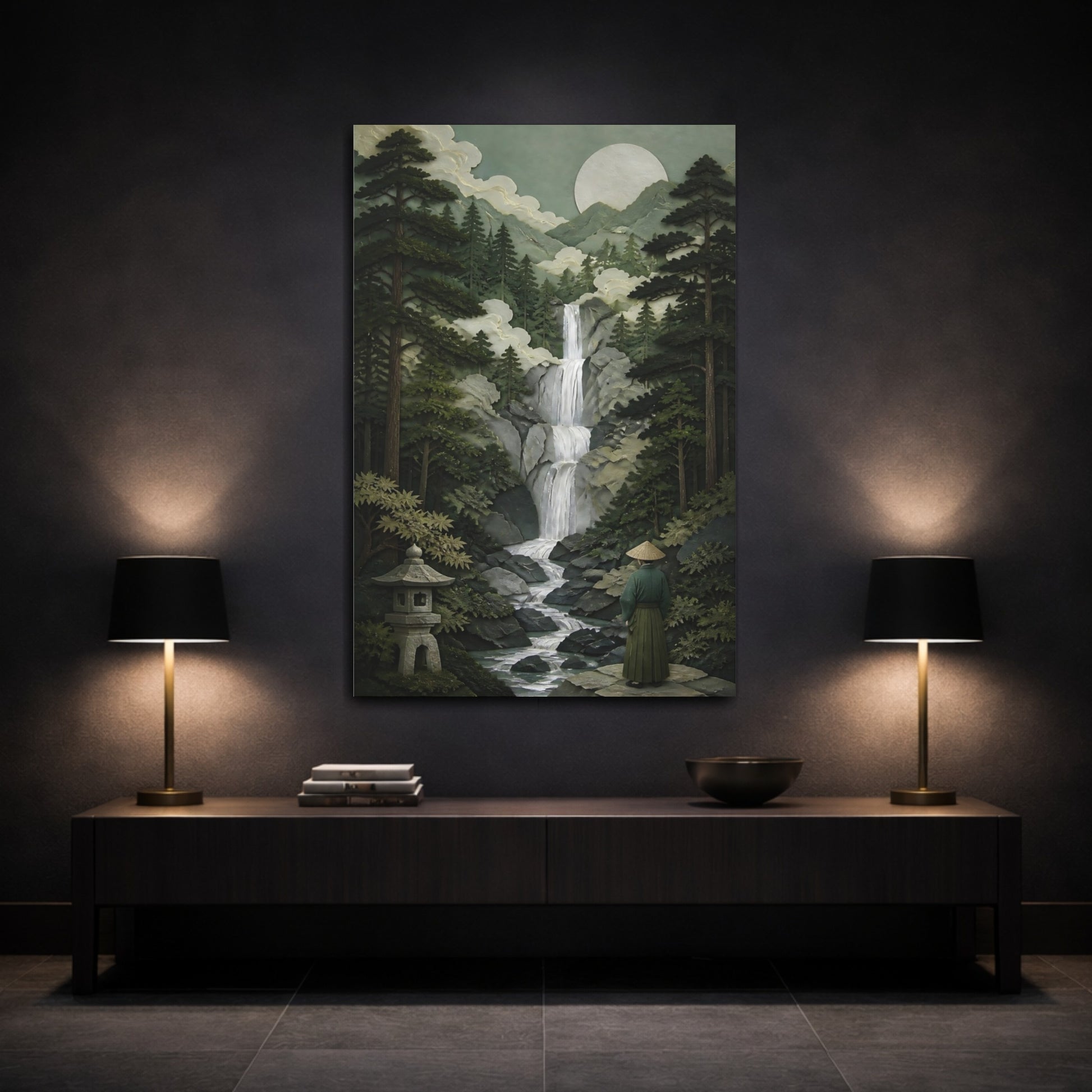 Mockup 3. Japanese Waterfall Retreat shown as canvas print