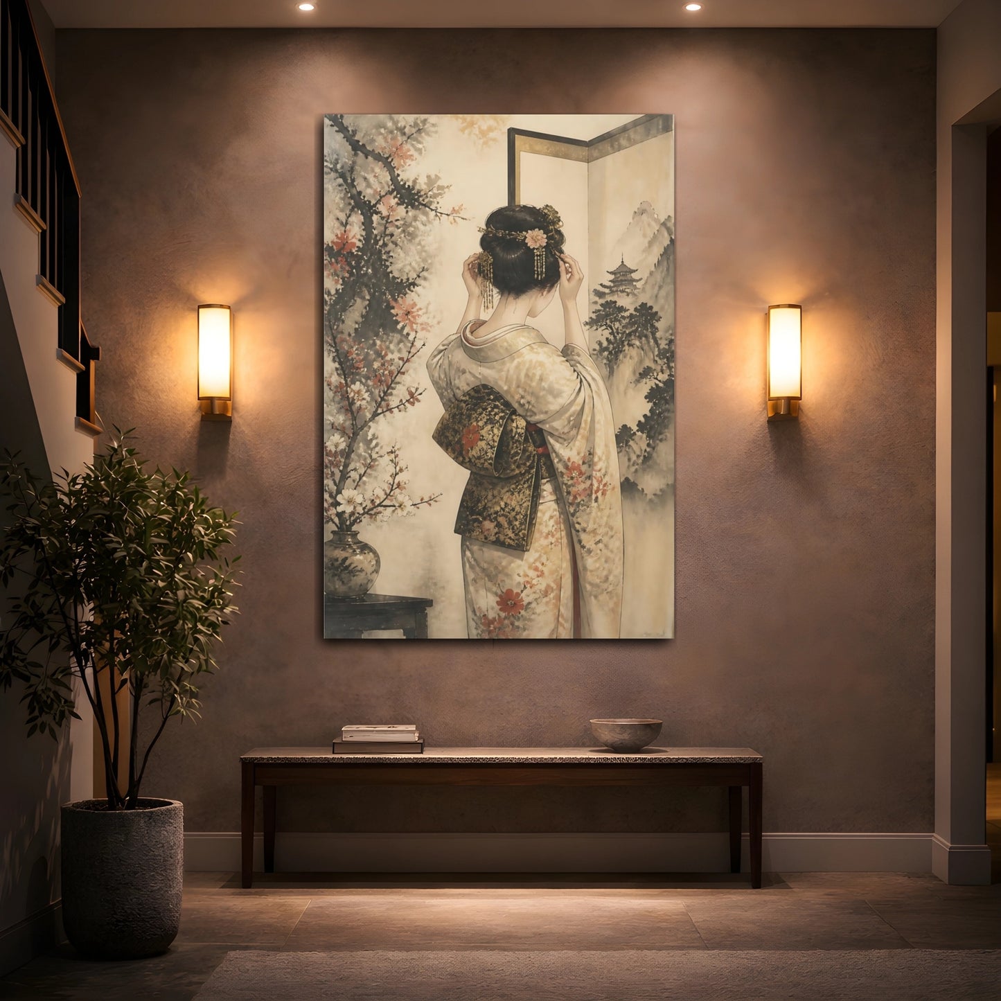 Mockup 2. Japanese Woman In Kimono shown as canvas print