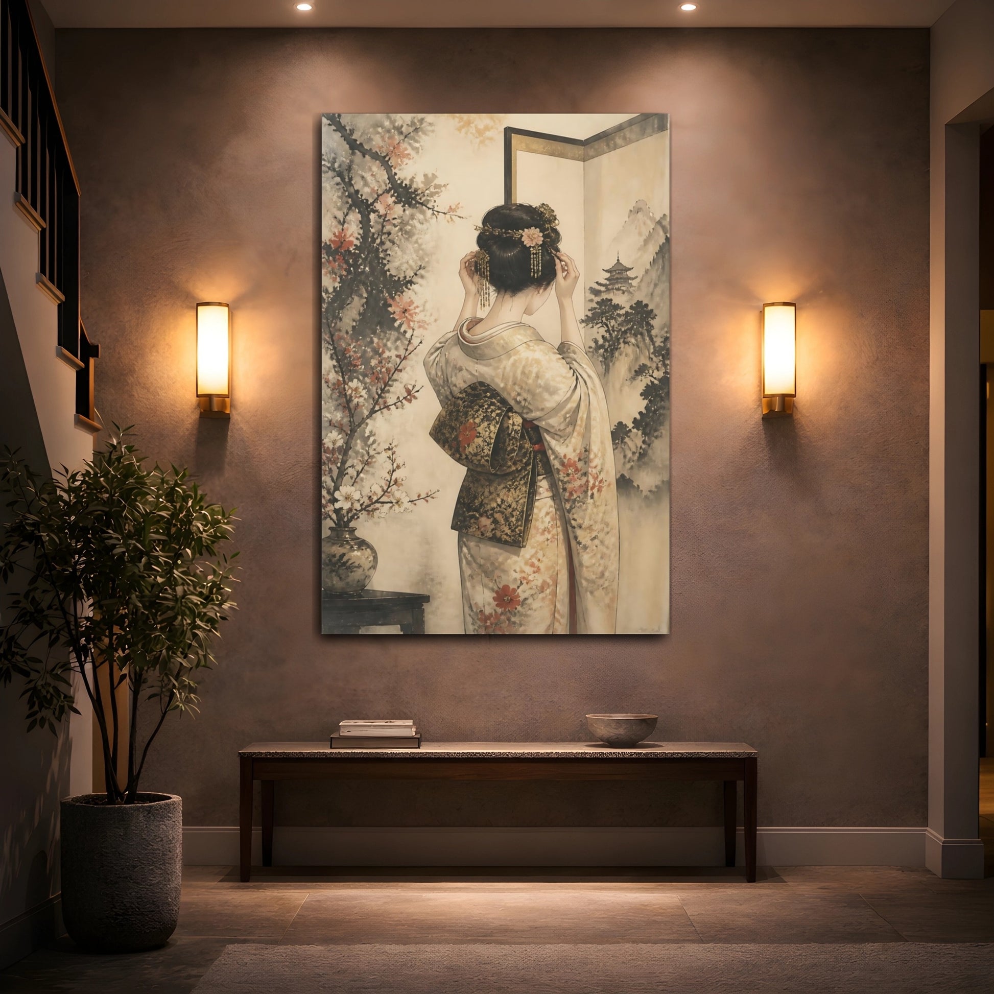 Mockup 2. Japanese Woman In Kimono shown as canvas print