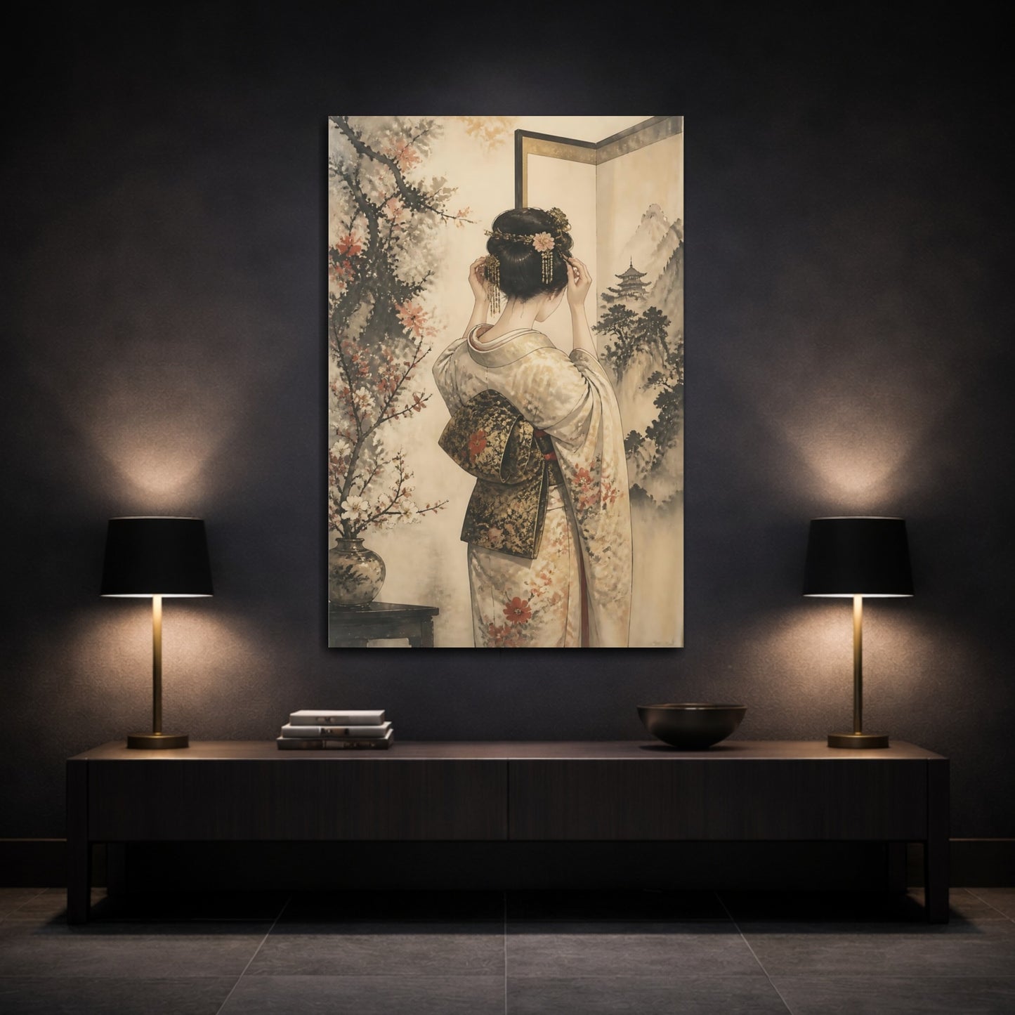 Mockup 3. Japanese Woman In Kimono shown as canvas print