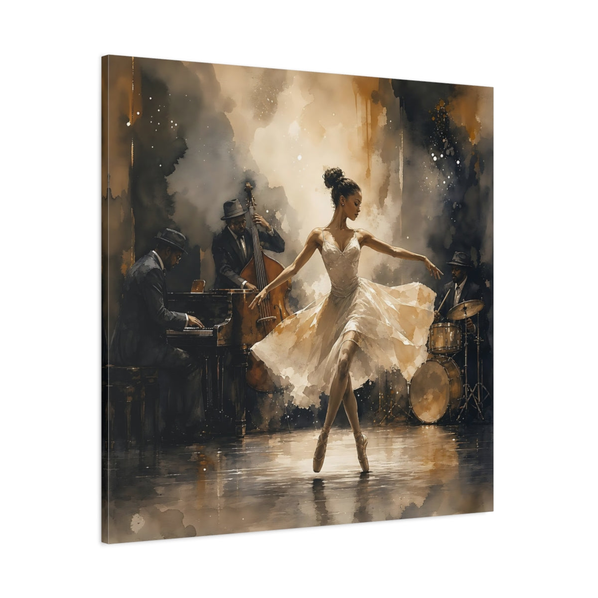 Side Mockup 1. Jazz Club Ballerina shown as canvas print