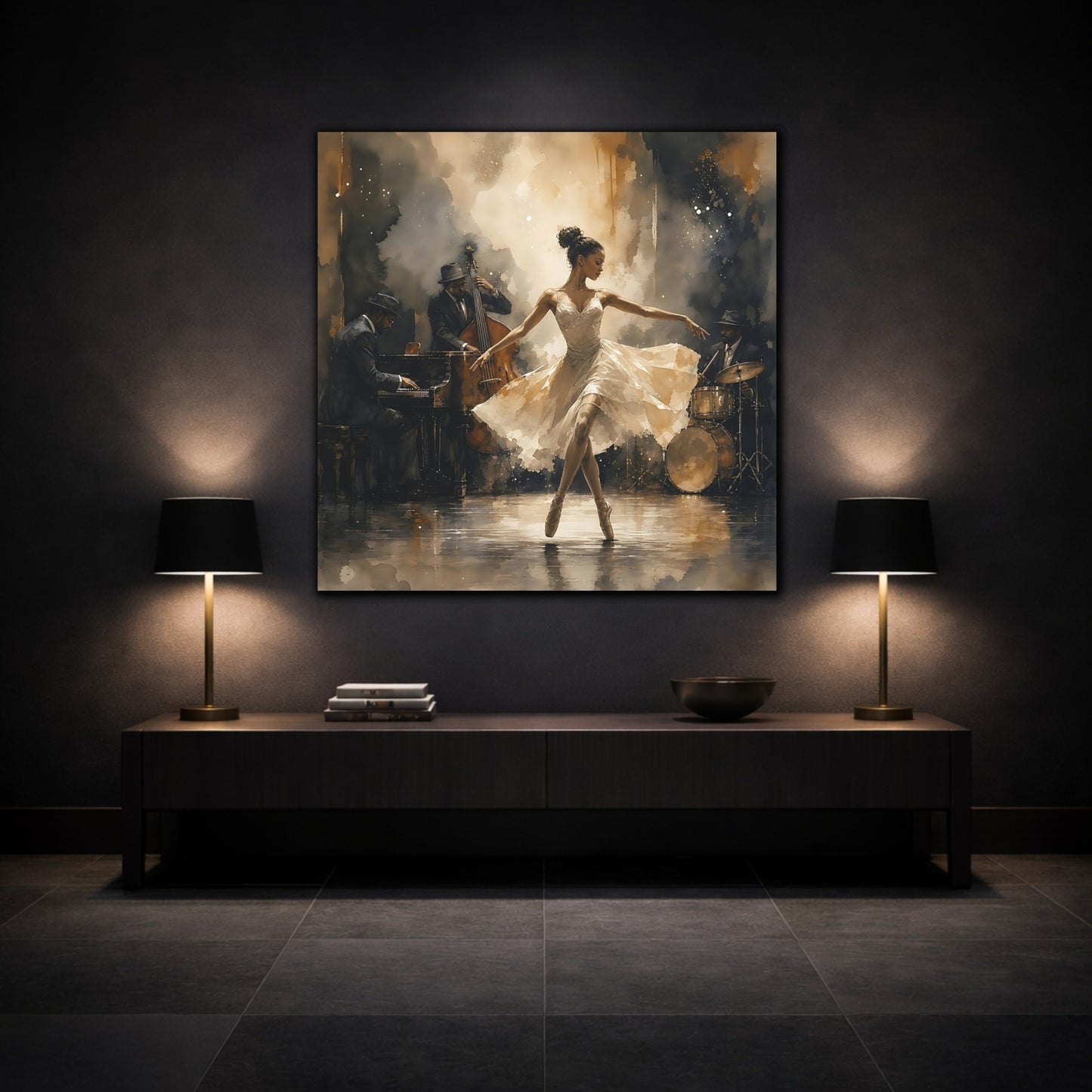 Mockup 3. Jazz Club Ballerina shown as canvas print