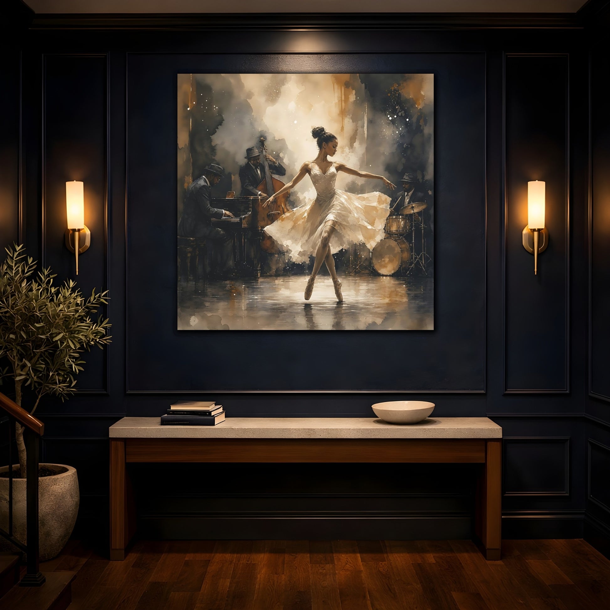 Mockup 4. Jazz Club Ballerina shown as canvas print