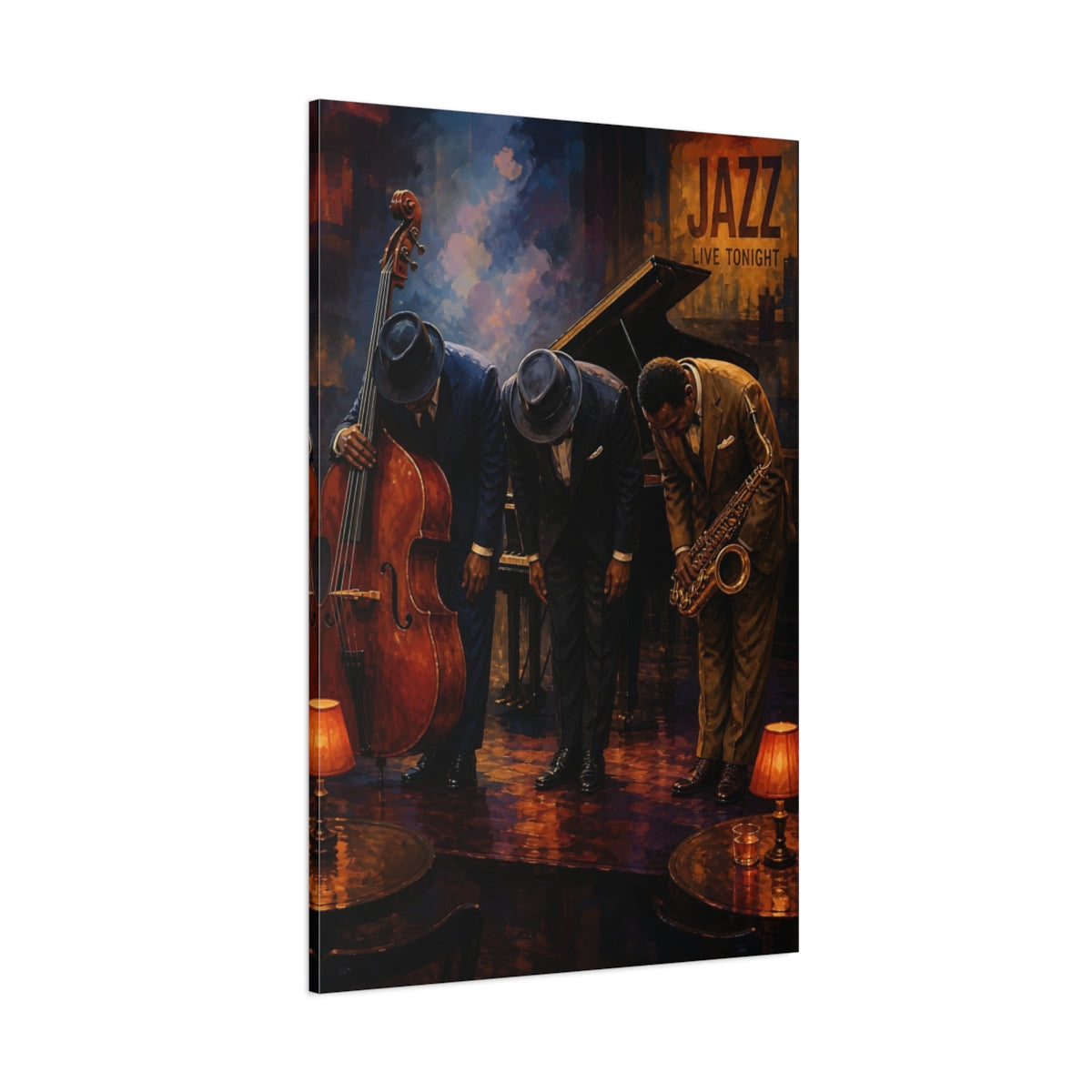 Side Mockup 1. Jazz Club Bow shown as canvas print