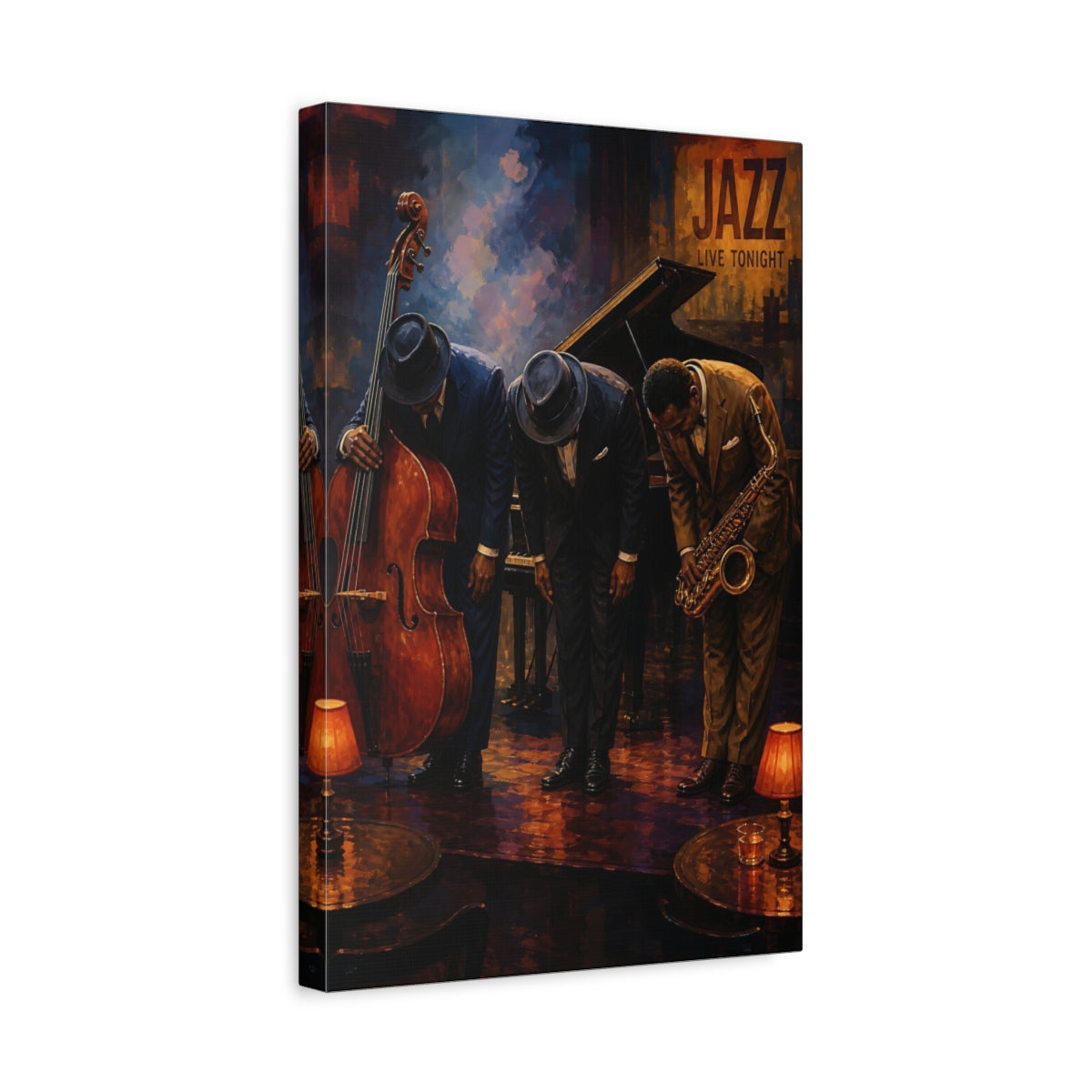 Side Mockup 4. Jazz Club Bow shown as canvas print