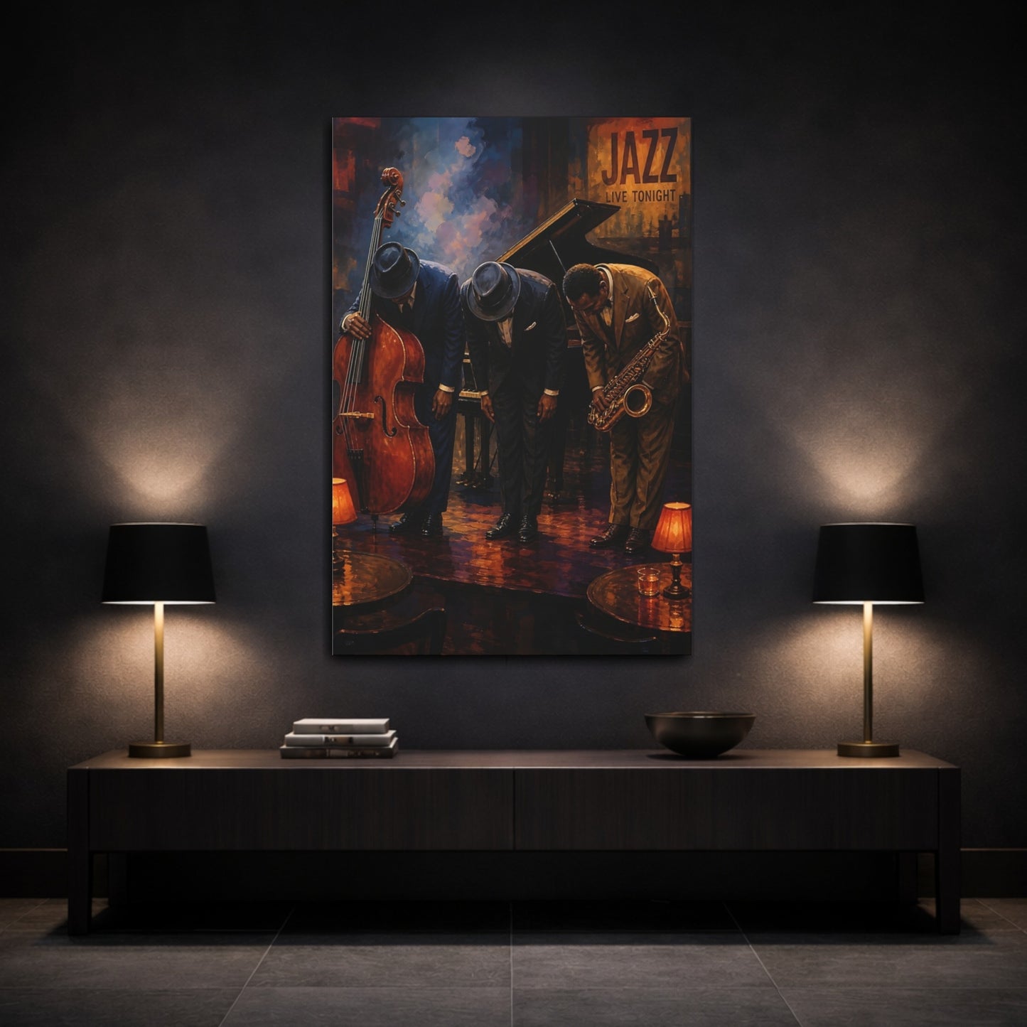 Mockup 3. Jazz Club Bow shown as canvas print