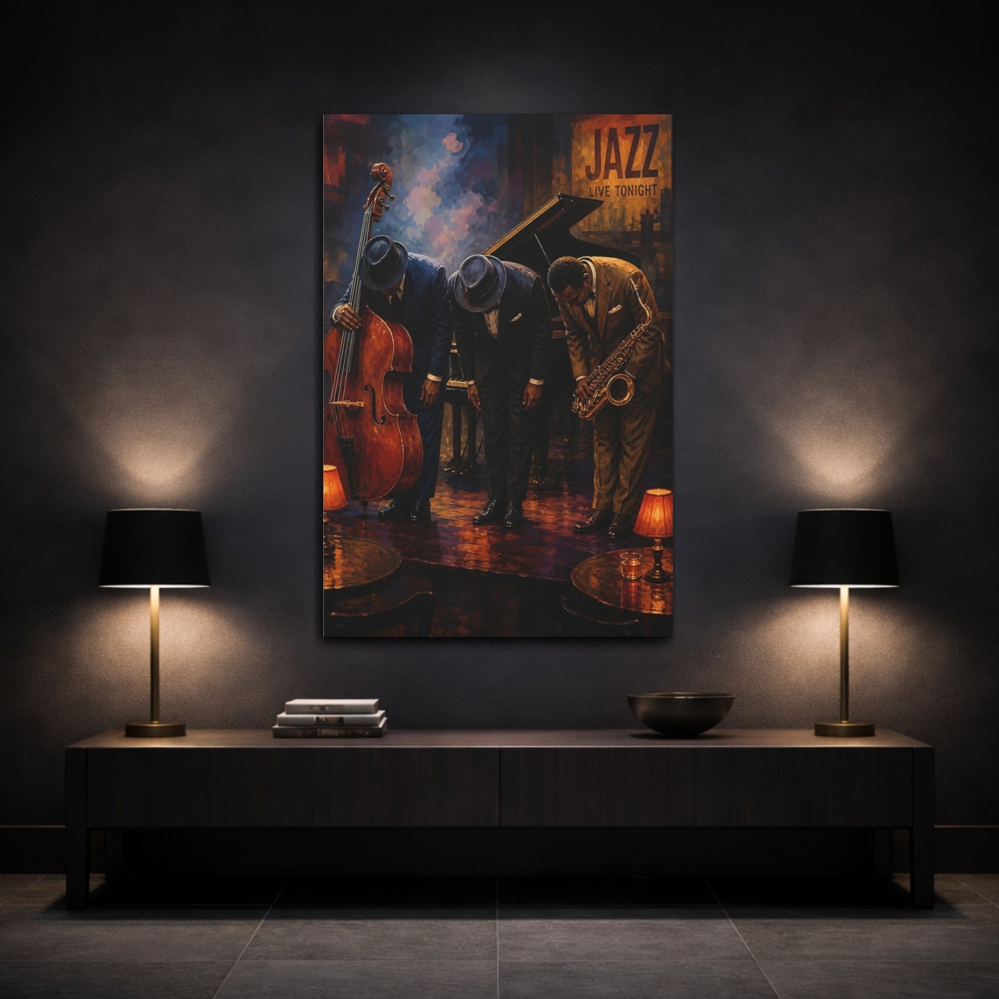 Mockup 3. Jazz Club Bow shown as canvas print
