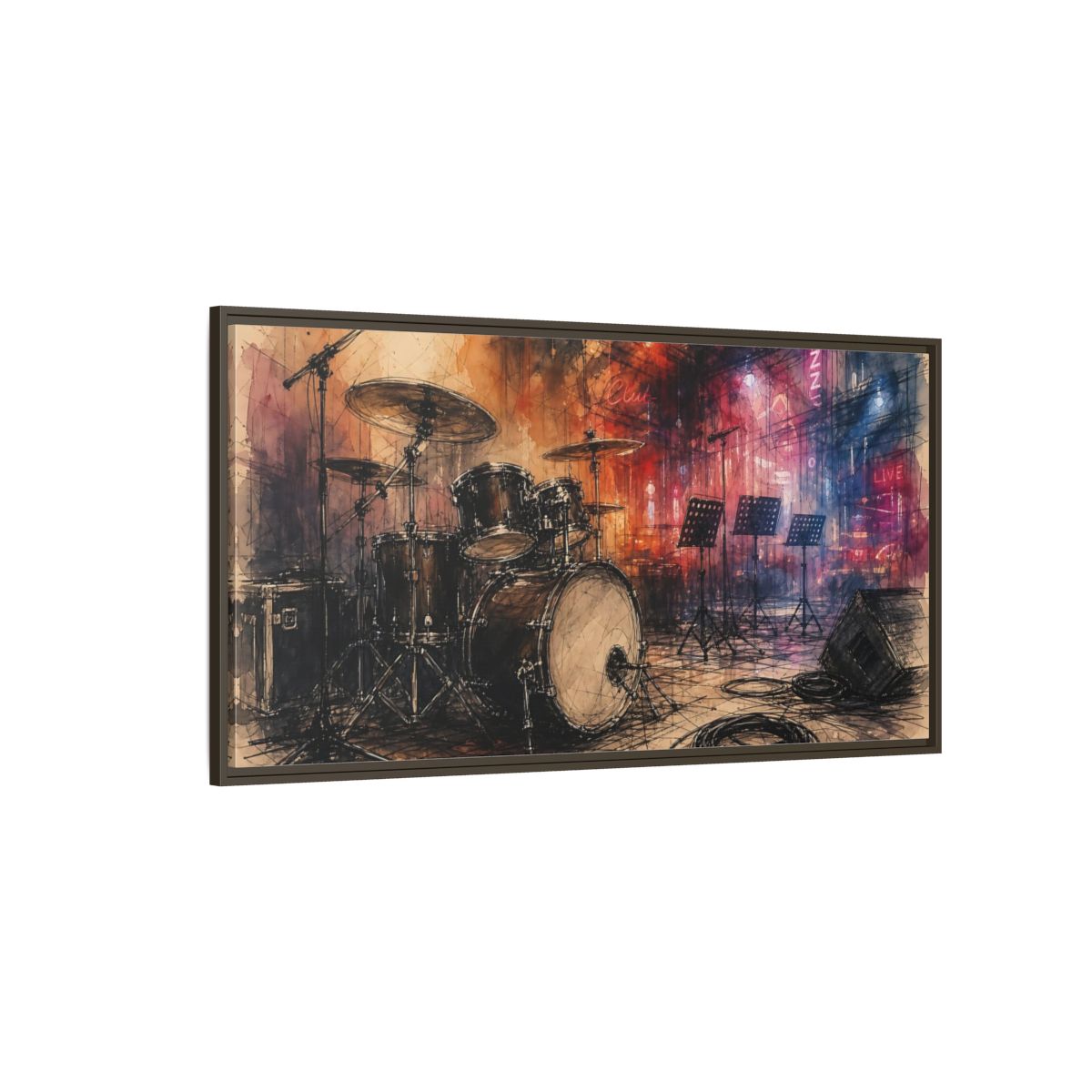 Side Mockup 4. Jazz Club Drum Kit shown as framed canvas print