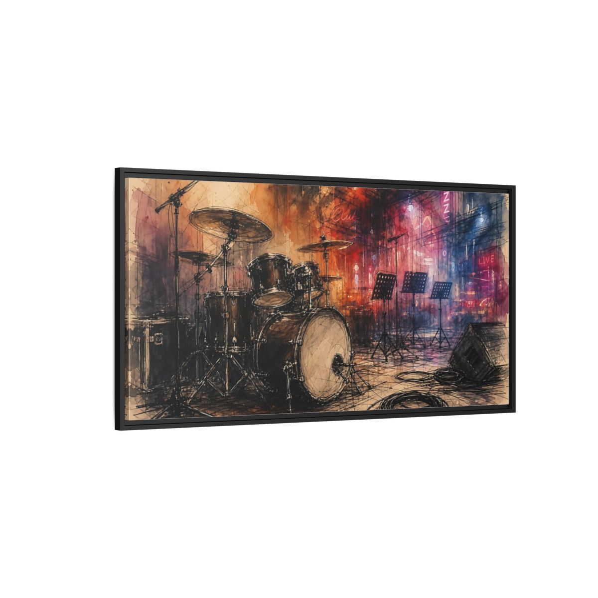 Side Mockup 5. Jazz Club Drum Kit shown as framed canvas print