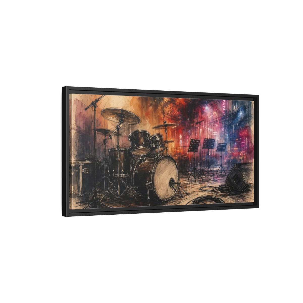 Side Mockup 2. Jazz Club Drum Kit shown as framed canvas print