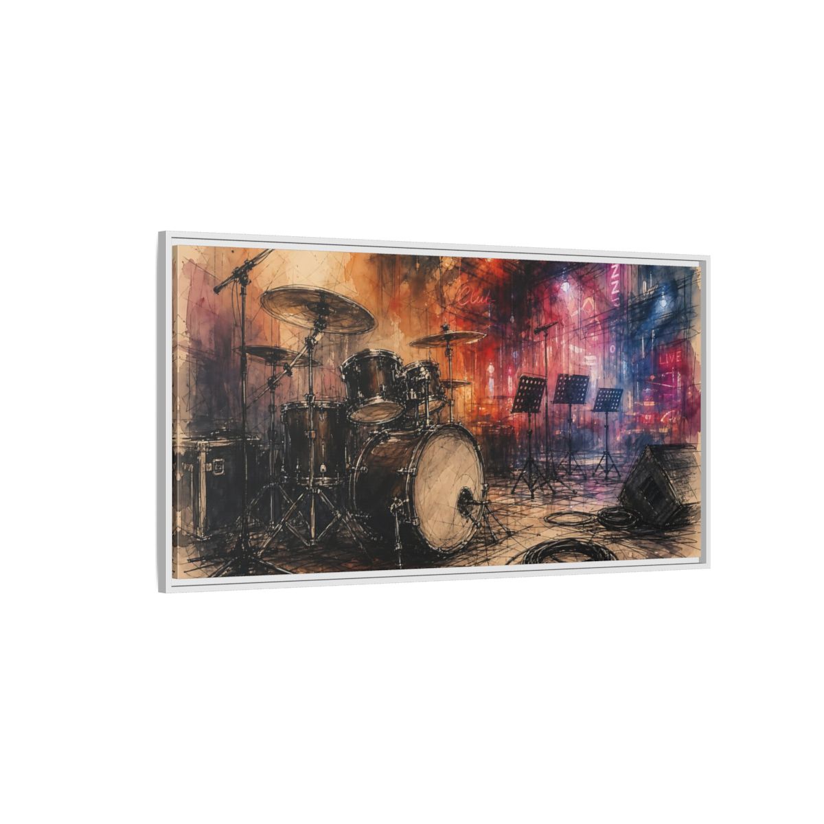 Side Mockup 3. Jazz Club Drum Kit shown as framed canvas print