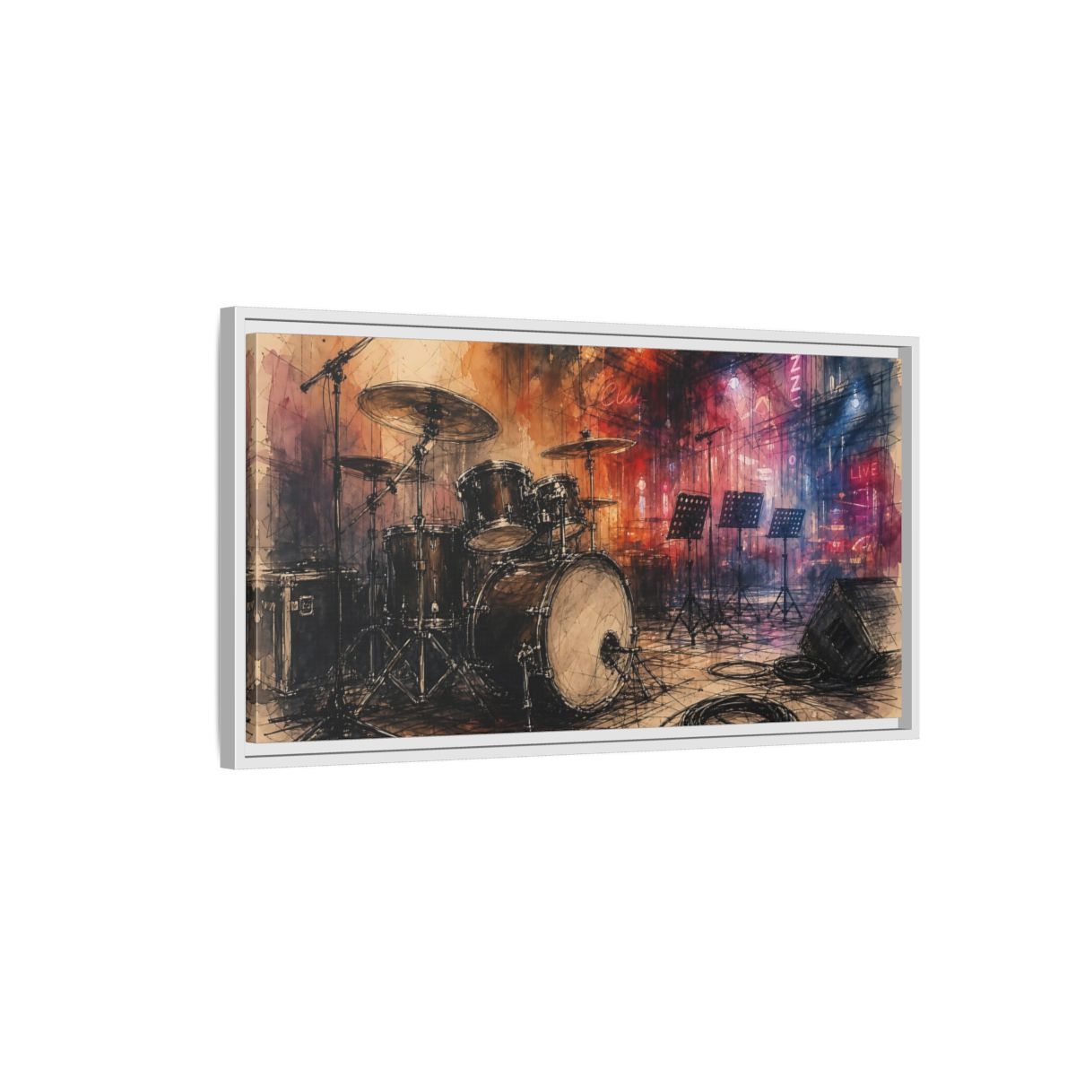 Side Mockup 1. Jazz Club Drum Kit shown as framed canvas print