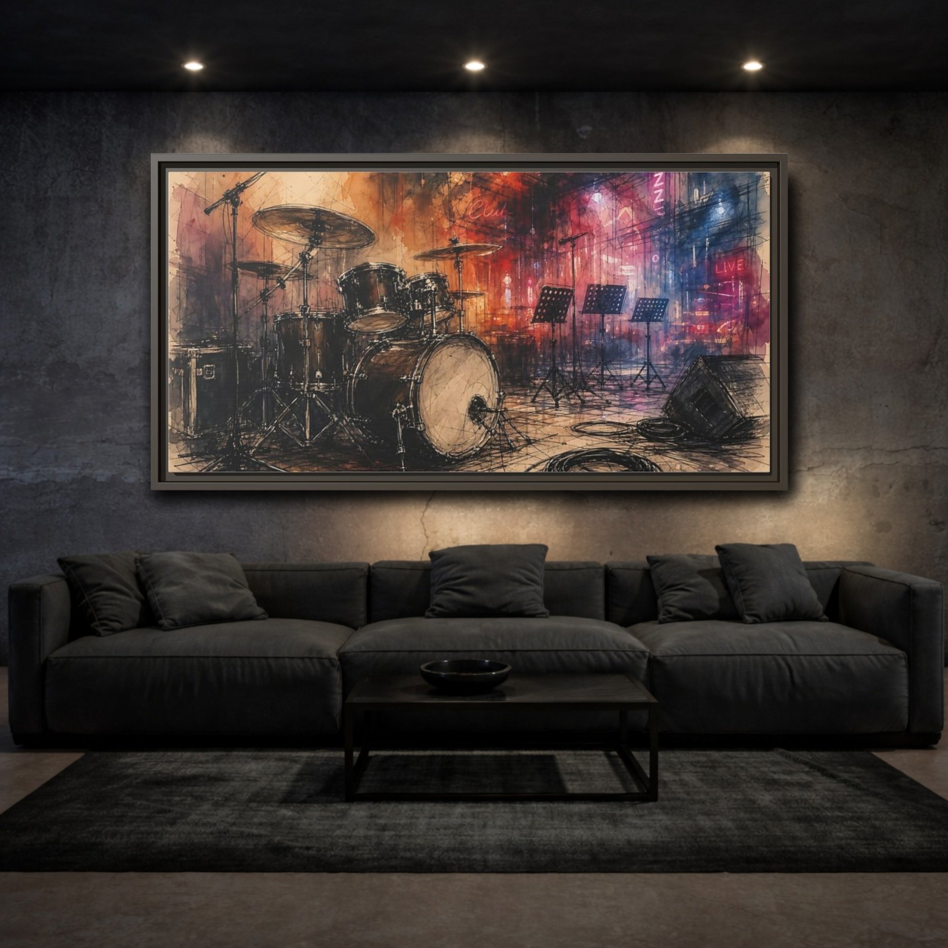 Mockup 3. Jazz Club Drum Kit shown as framed canvas print