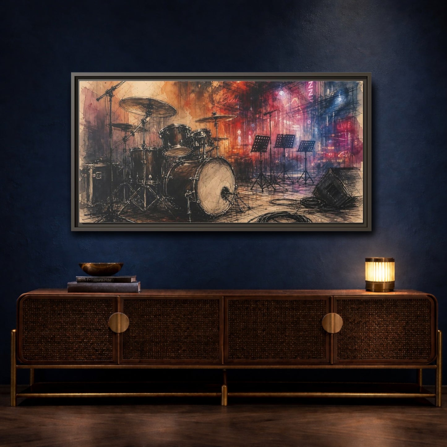 Mockup 4. Jazz Club Drum Kit shown as framed canvas print