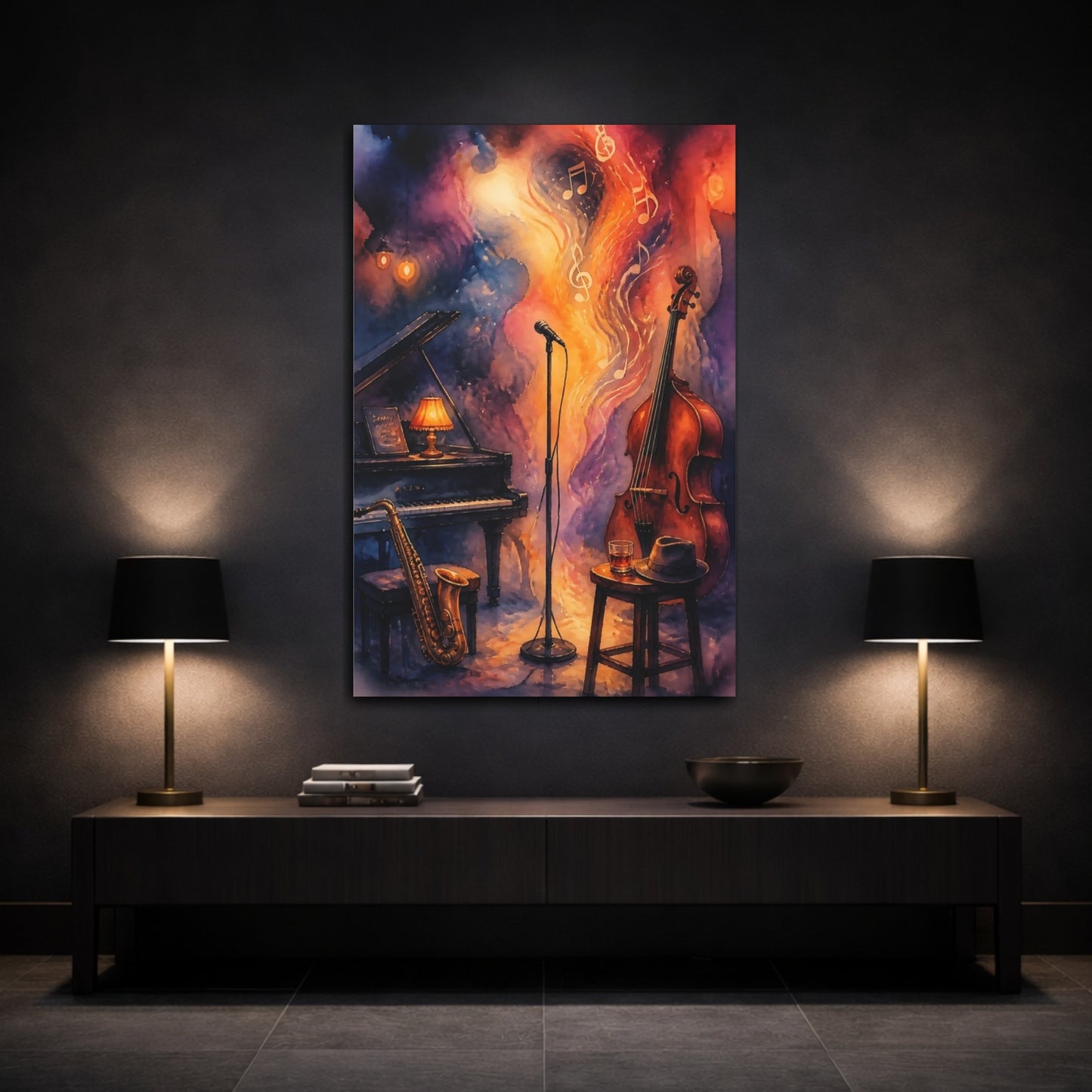 Mockup 3. Jazz Club Reverie shown as canvas print