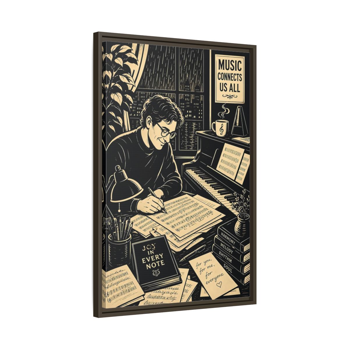 Side Mockup 11. Joy In Every Note shown as framed canvas print