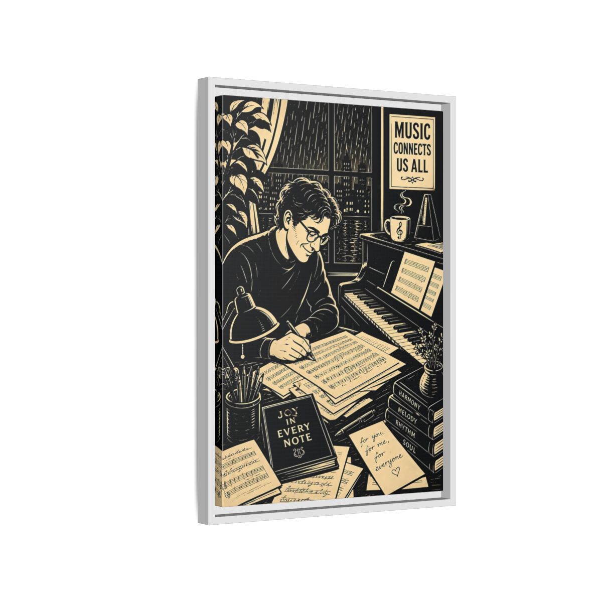 Side Mockup 1. Joy In Every Note shown as framed canvas print