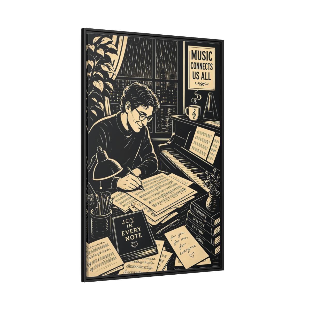 Side Mockup 12. Joy In Every Note shown as framed canvas print