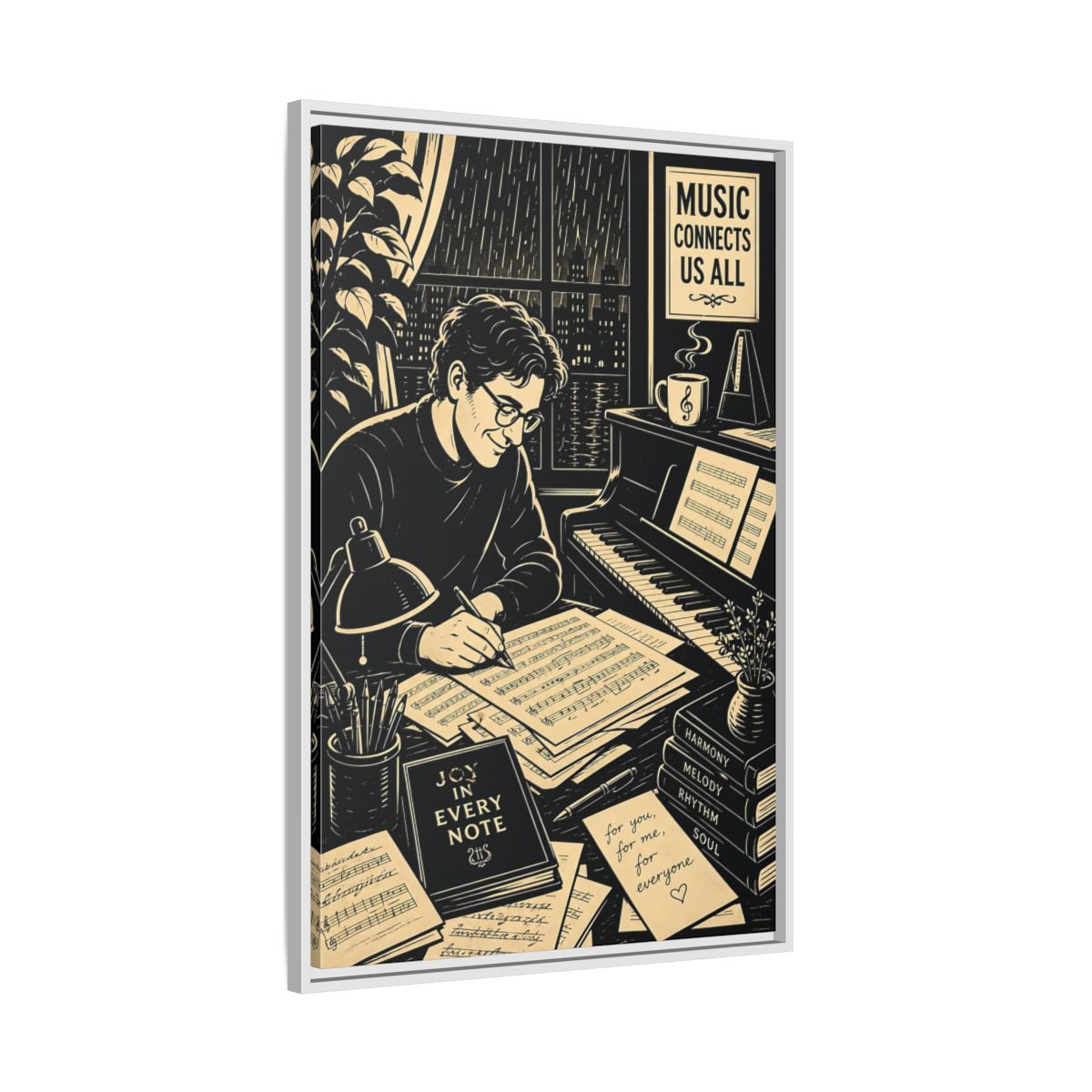 Side Mockup 9. Joy In Every Note shown as framed canvas print